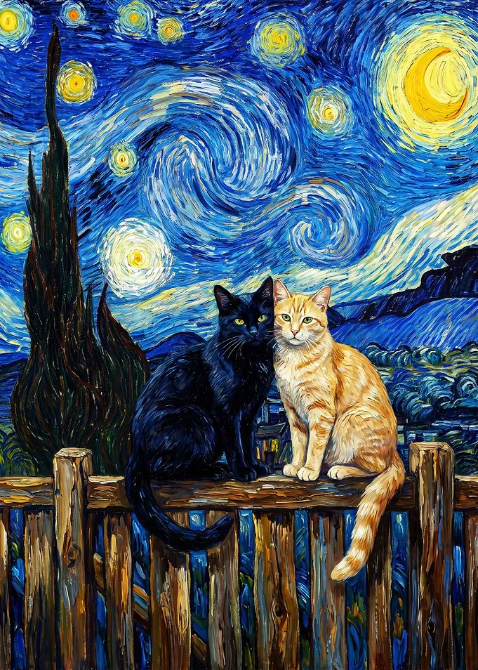 Two Cats in Starry Night Style