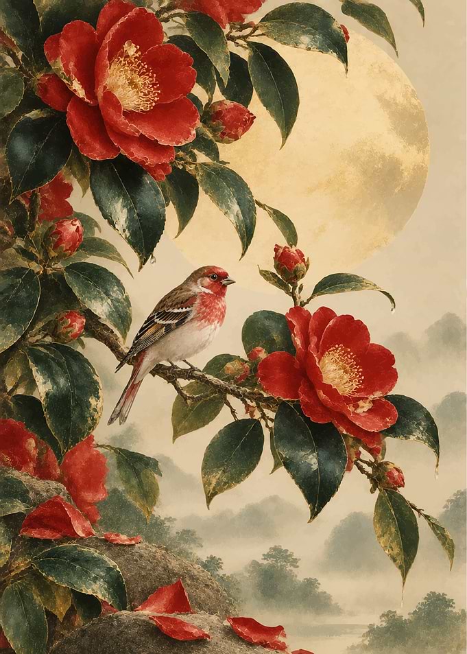 Bird Perched on Camellia Branch