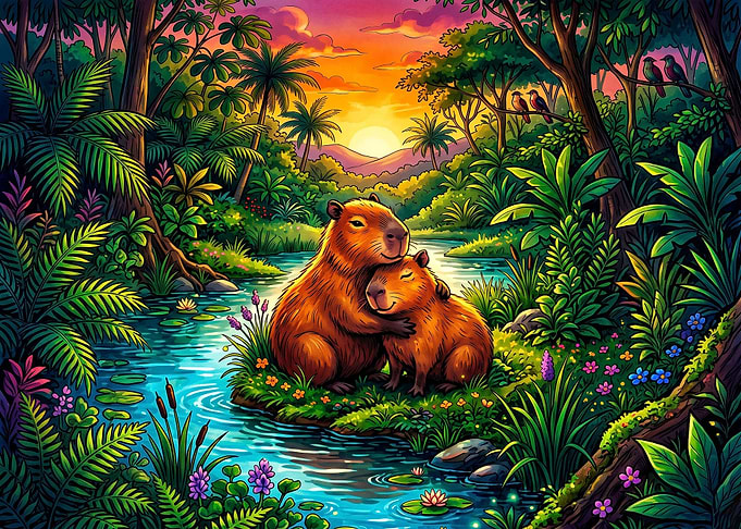 Two Capybaras Hugging in Tropical Jungle