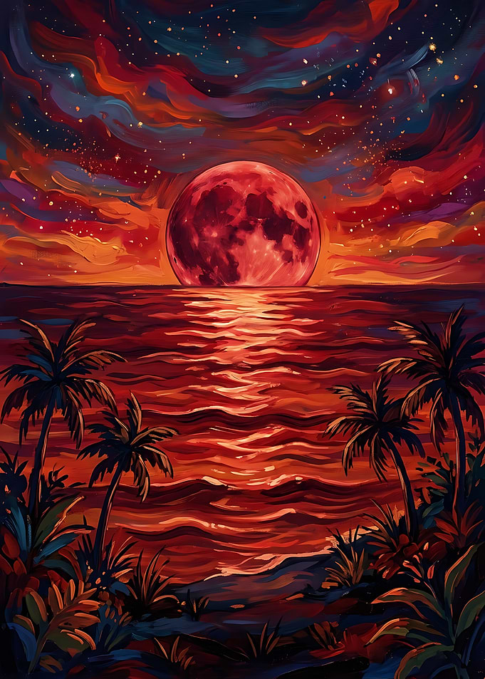 Crimson Moon Over Tropical Beach