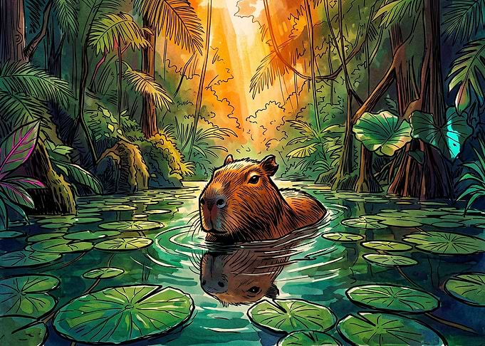 Capybara Swimming in Tropical Jungle