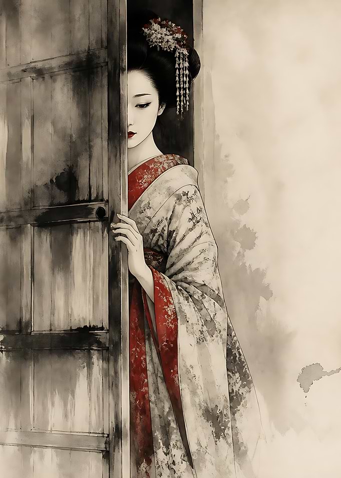 Geisha Peeking Through Wooden Door