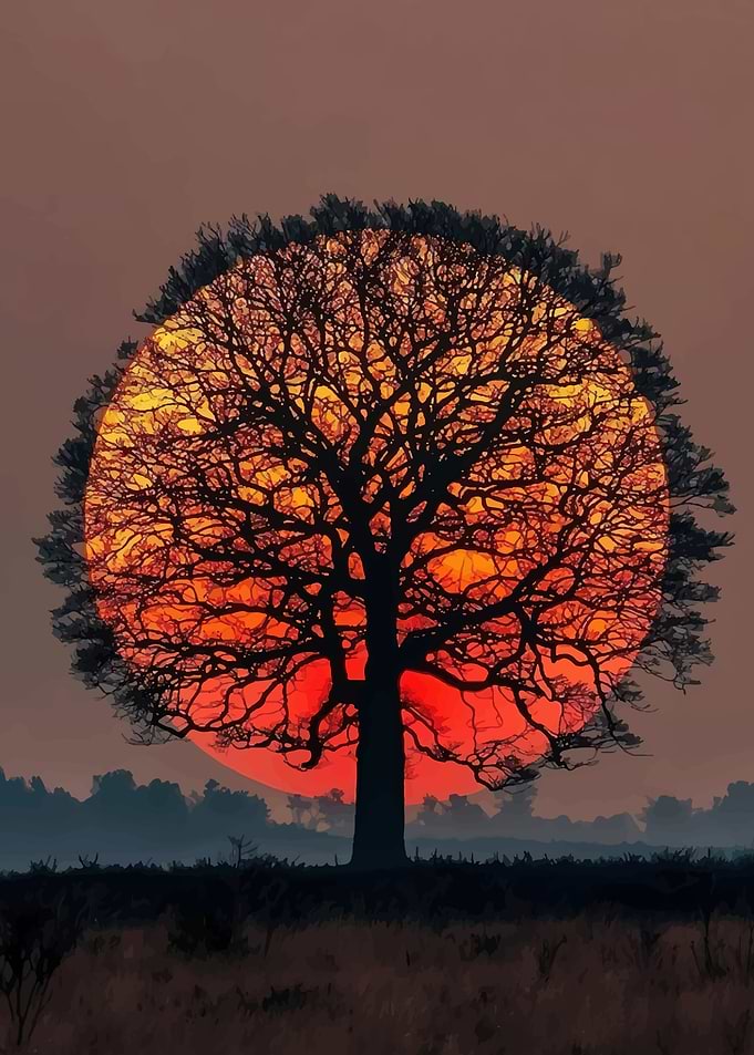 Silhouette Tree Against Giant Sun