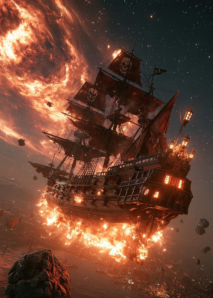 Burning Ghost Ship in Space