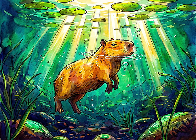 Capybara Swimming Underwater Watercolor Illustration