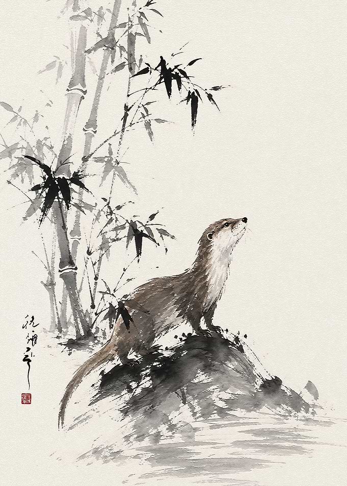Sumi-e Style Otter and Bamboo
