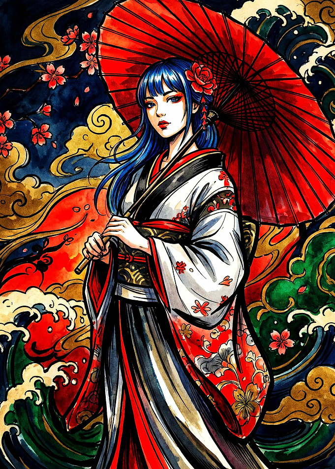 Elegant Geisha with Red Umbrella