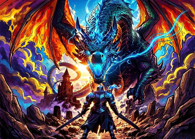 Knight Facing a Fierce Dragon