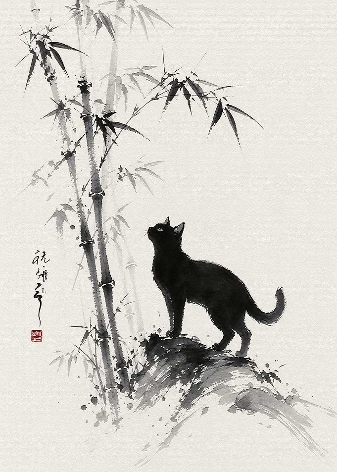 Black Cat and Bamboo Ink Painting