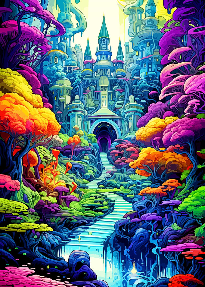 Vibrant Fantasy Castle in Magical Forest