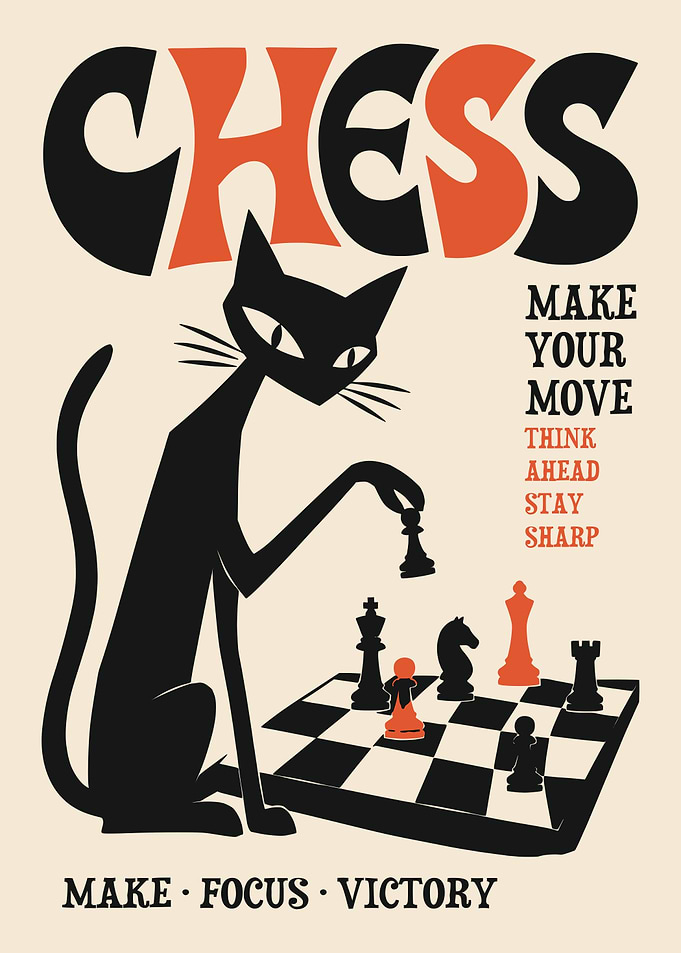 Mid-Century Modern Chess Cat Poster