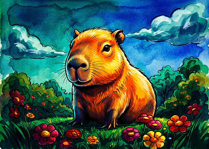 Watercolor Capybara in a Flower Meadow