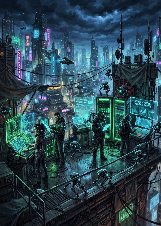 Cyberpunk Hackers on Rooftop