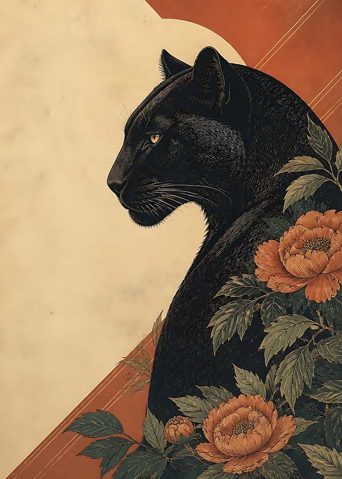 Black Panther with Peonies Art