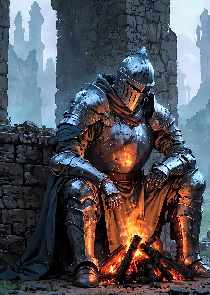 Knight Resting by a Campfire