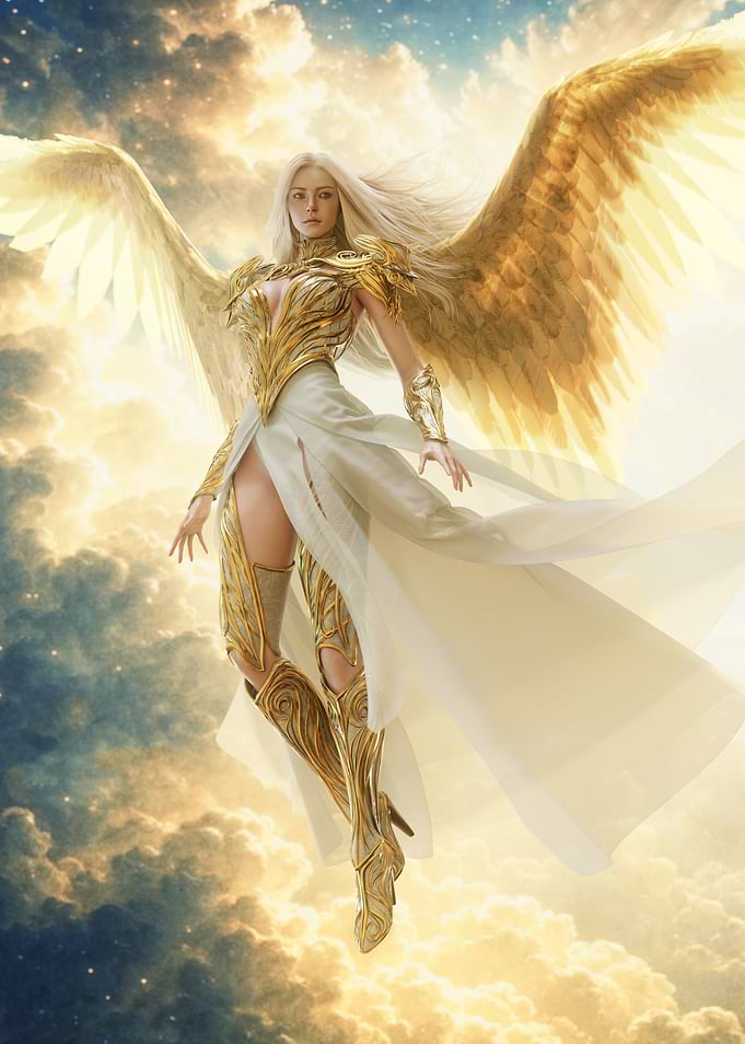 Ethereal Golden Angel in Flight