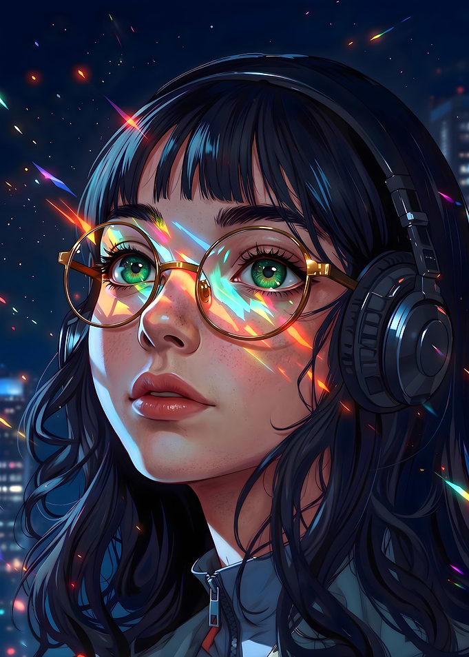 Anime Girl with Glowing Prism Glasses
