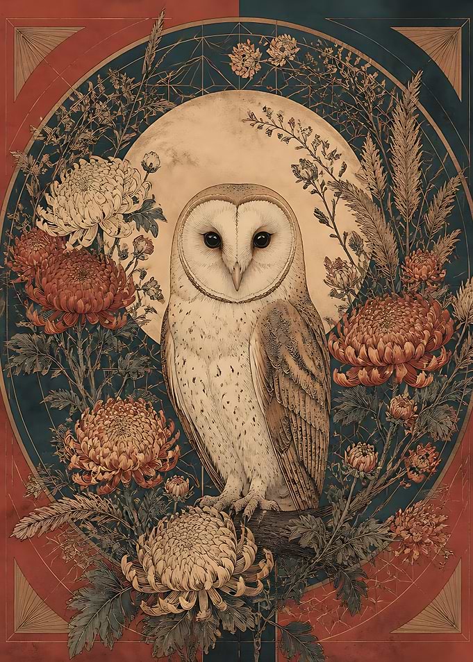 Barn Owl with Chrysanthemums Art
