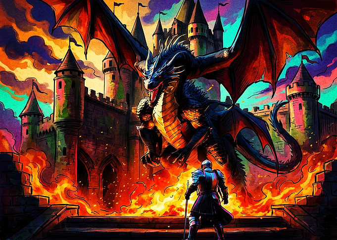 Knight Facing Dragon at Castle Gate
