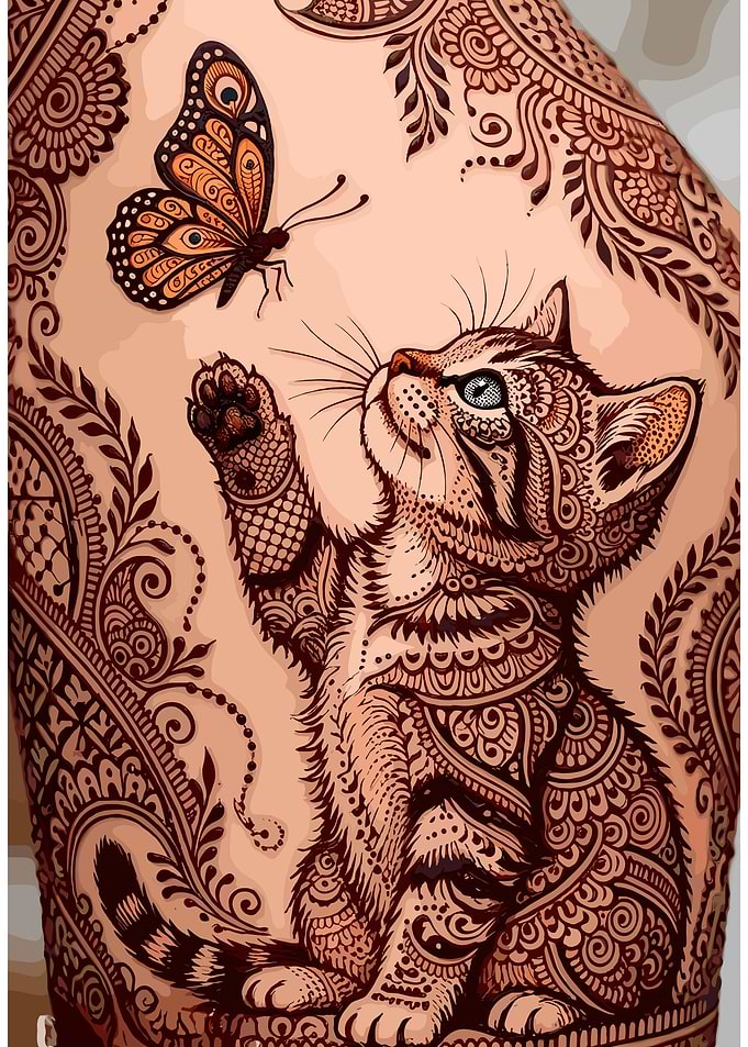 Henna Style Kitten and Butterfly Art