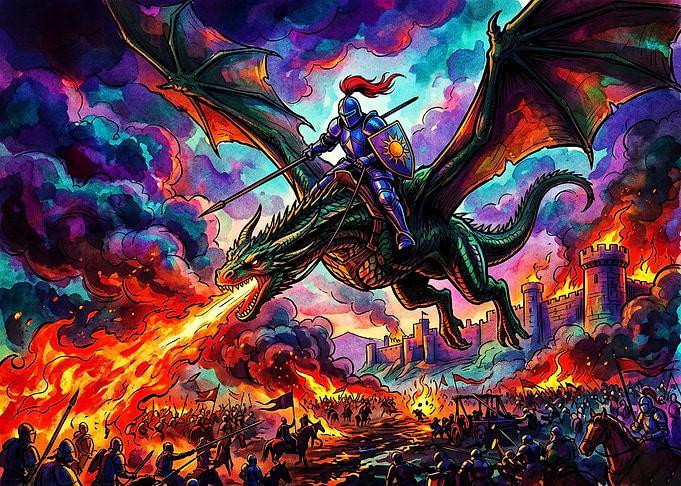 Knight Riding Dragon Over Battlefield