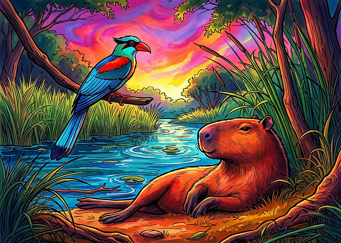 Capybara and Bird by River