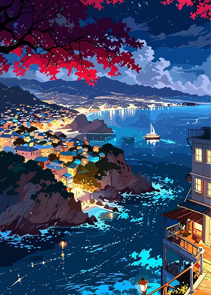 Coastal Town Nightscape Illustration