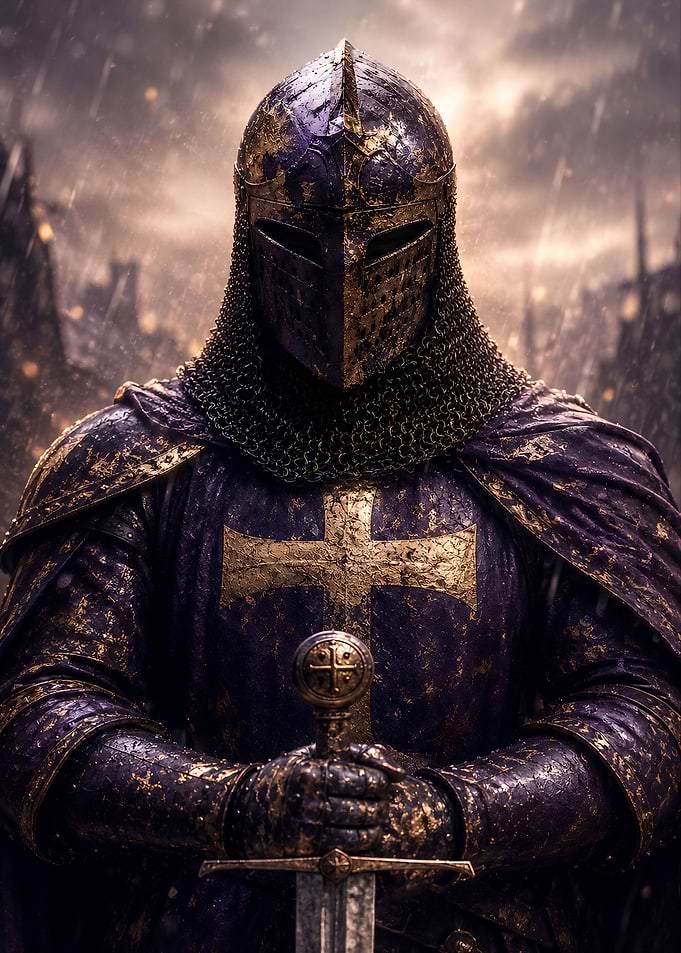 Purple and Gold Knight in Rain