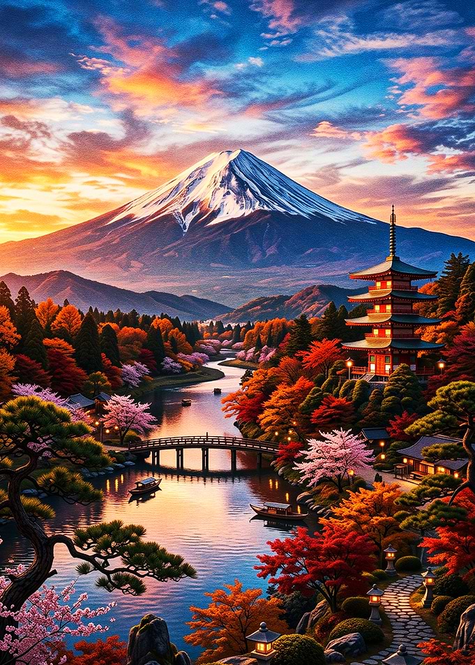 Mount Fuji and Pagoda Landscape