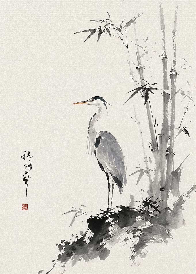 Sumi-e Ink Wash Heron and Bamboo