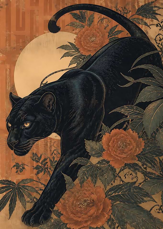 Black Panther Among Peonies Art