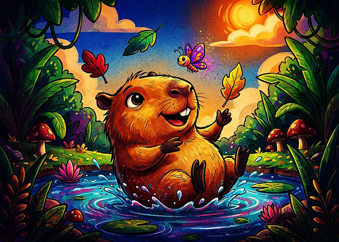 Happy Capybara Playing in Pond