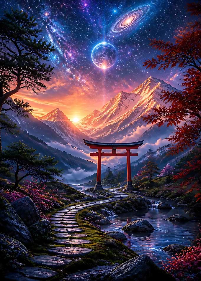 Ethereal Torii Gate Under Cosmic Sky