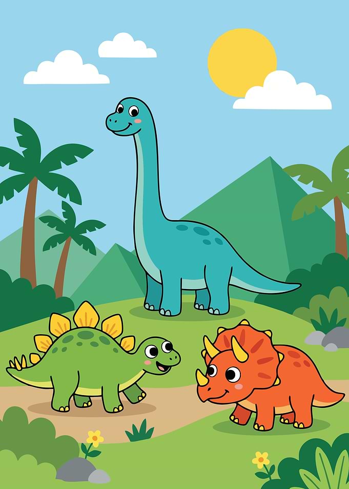 Cute Cartoon Dinosaurs in Nature