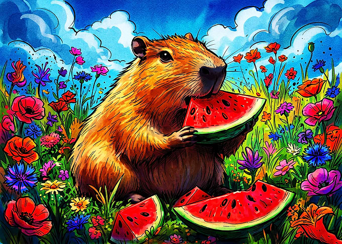Capybara Eating Watermelon in Wildflowers