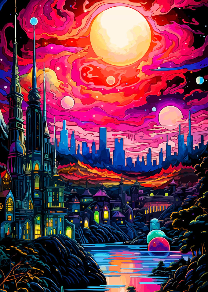 Surreal Fantasy City Under Neon Sky