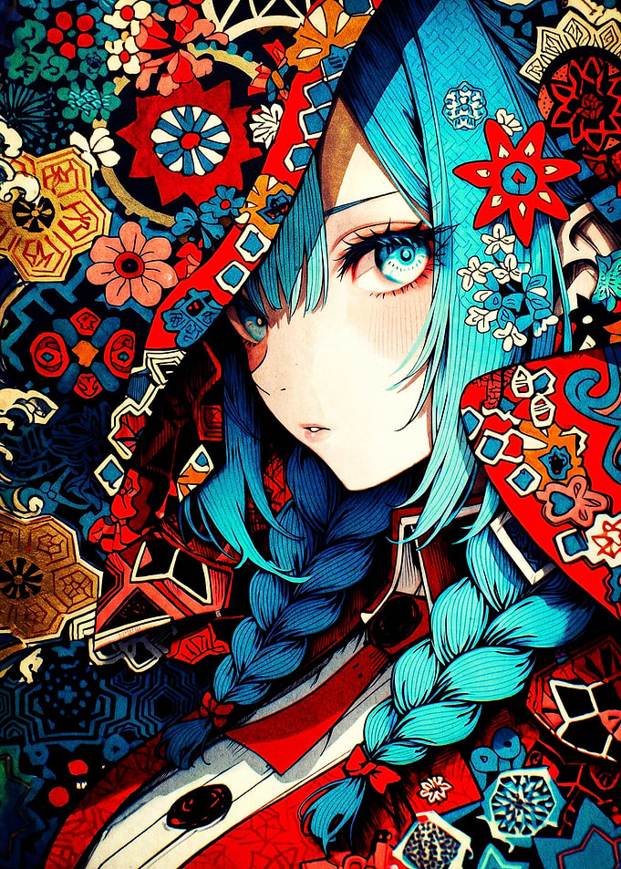 Anime Girl with Intricate Floral Patterns