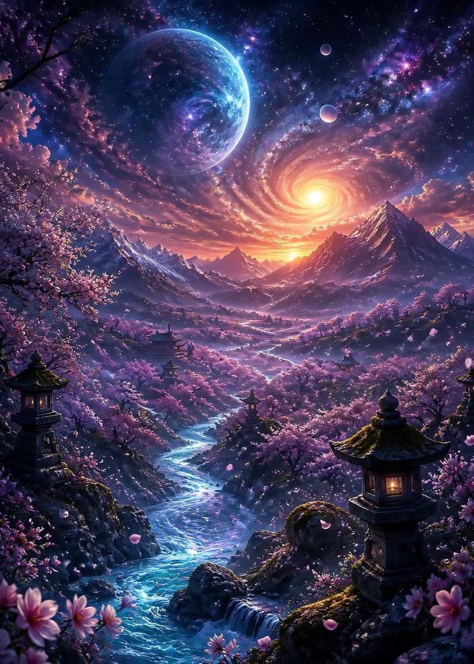Celestial Cherry Blossom Valley Landscape