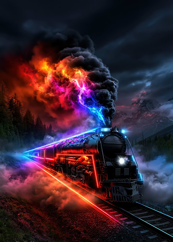 Neon Steam Train in Night Landscape
