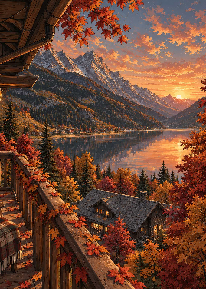 Autumn Mountain Cabin Sunset View