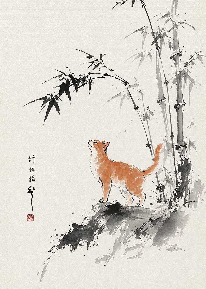 Orange Cat Under Bamboo Ink Painting