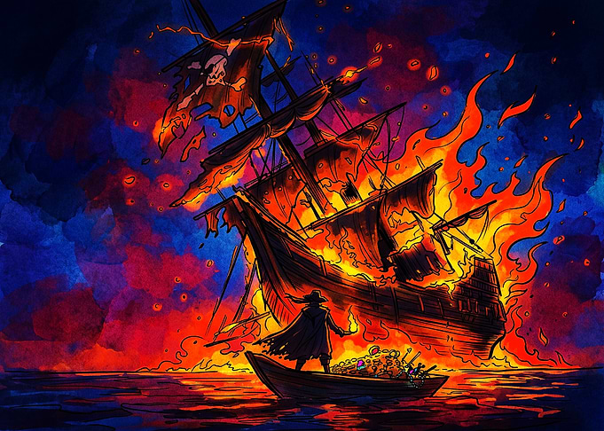 Pirate Ship Burning at Sea