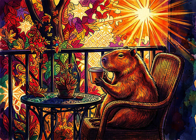 Capybara Enjoying Coffee on Autumn Balcony