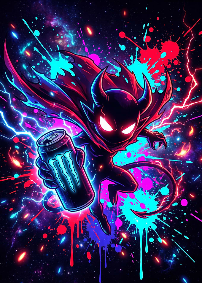 Neon Devil Holding Monster Energy Drink