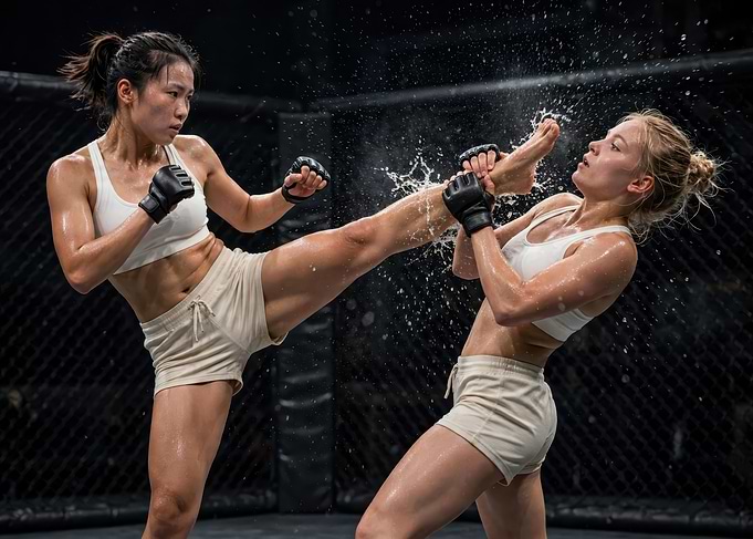 Female MMA Fighters Sparring in Cage