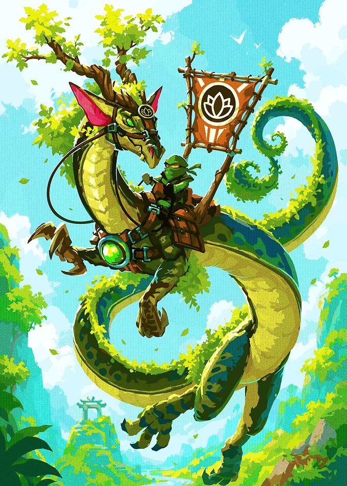 Ninja Riding a Green Forest Dragon