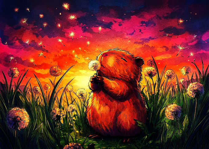 Cute Hamster Blowing Dandelion Seeds