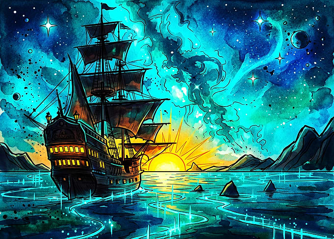 Galleon Sailing Through Cosmic Waters