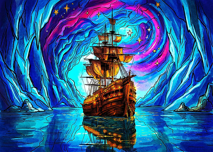 Galleon Sailing Through Neon Ice Cave