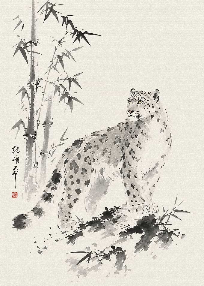 Ink Wash Painting of Snow Leopard